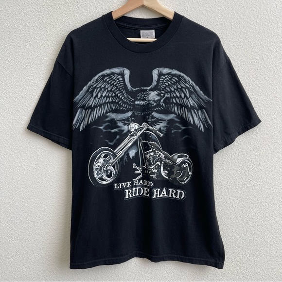 NATIONAL HERITAGE Vintage Black Live Hard Ride Hard Eagle Motorcycle Graphic Tee - Picture 1 of 8